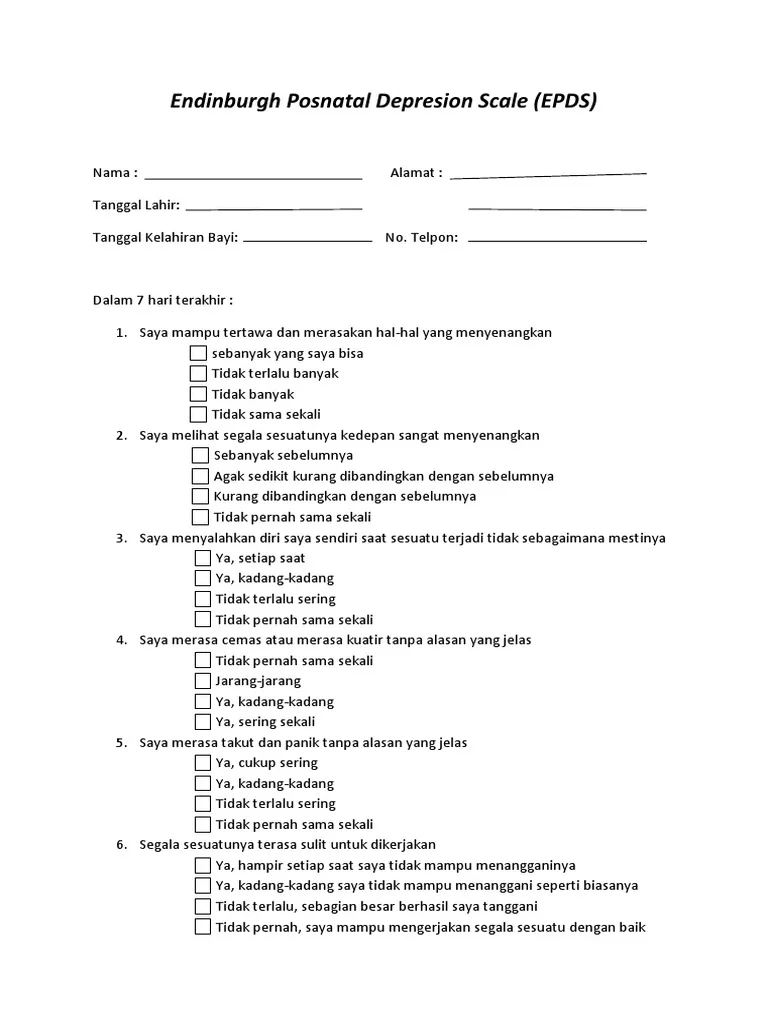 Edinburgh Postnatal Depression Scale EPDS form
